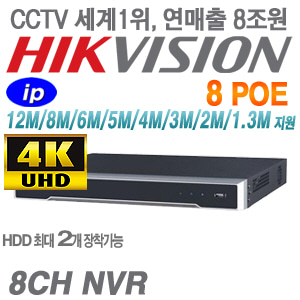 [8CH NVR] DS-7608NI-I2/8P [2HDD H.265 4K-4CH 8POE-300미터]